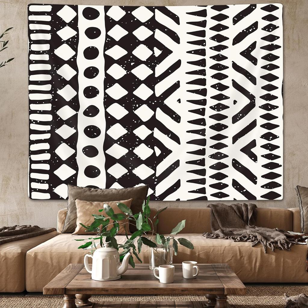 African Mud Cloth Tapestry Wall Hanging Art, Black and White Tribal Afrocentric Ethnic Bohemian Motif with Geometric Elements
