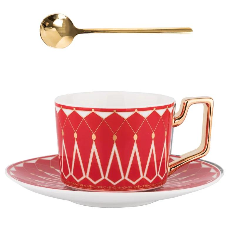 Coffee Cup and Saucer Set with Gold Rim, Ceramic Afternoon Tea Drinkware, Household Mug, British Style Luxury, 220ml