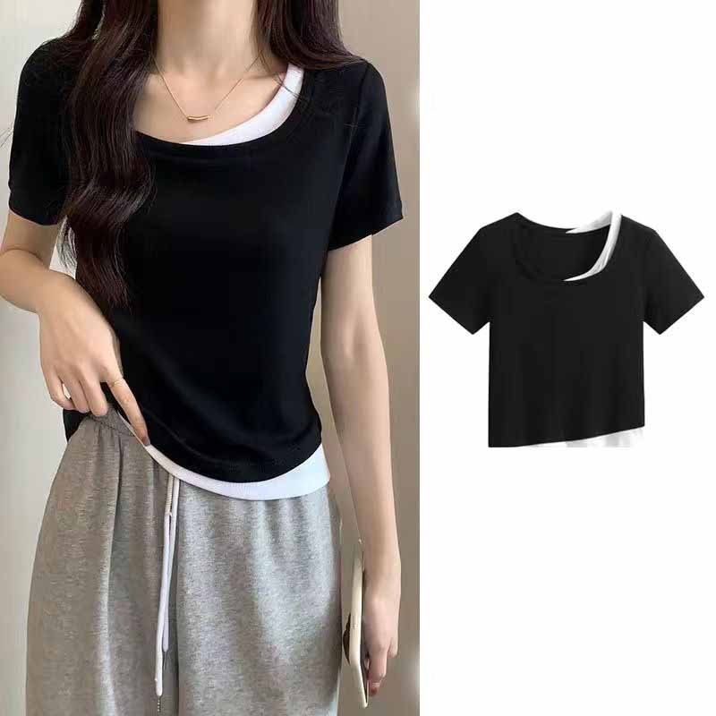

Ребристая черная футболка с короткими рукавами и круглым вырезом, вязаный укороченный топ, женская летняя повседневная футболка, базовая сексуальная уличная одежда S чёрный