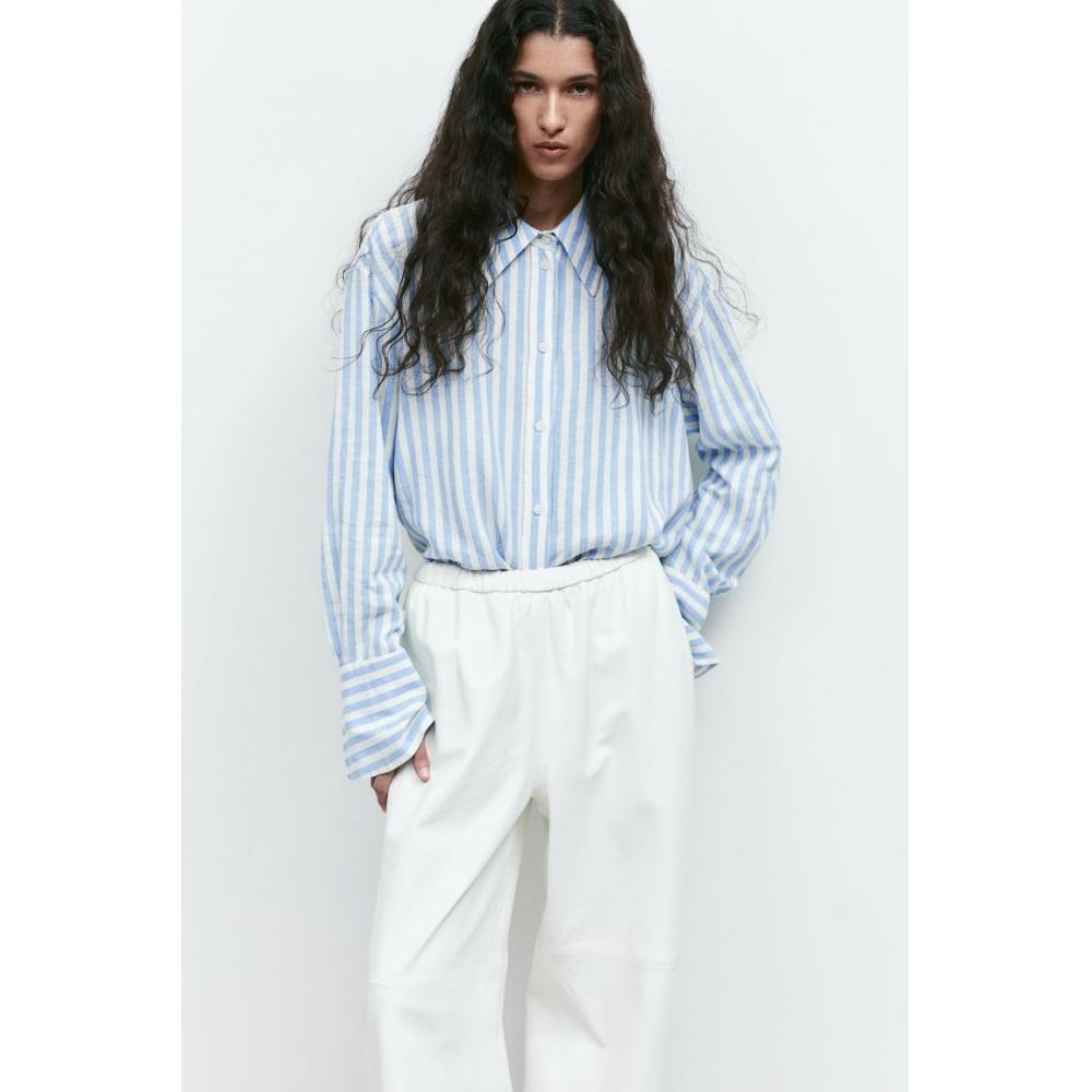 

Рубашка HM оверсайз из смесового льна бело-синяя полоска