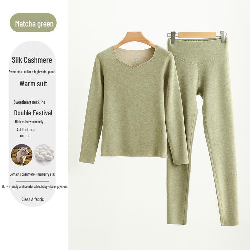 Peach Heart Collar Cashmere Silk Thermal Underwear Set – Women's High Waist Autumn/Winter Clothes and Pants