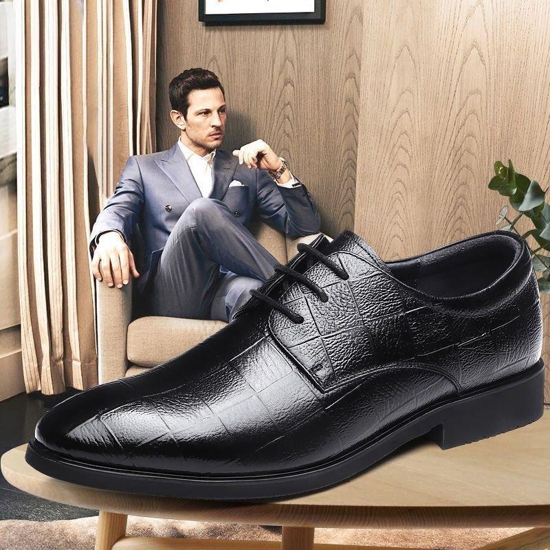 WTEMPO Men Genuine PU Leather Shoes Print Lace Up Point Toe Formal Business Dress Shoes Non Slip Office Wedding Footwear