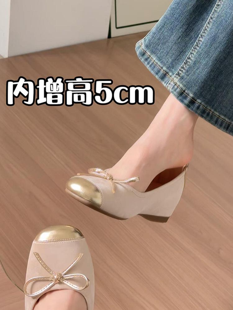 Sheepskin Version~ Genuine Leather French Flat Bottom Inner Height Increase Ballet Single Shoes Women's Bow Gentle Evening Shoes Mary Jane Shoes