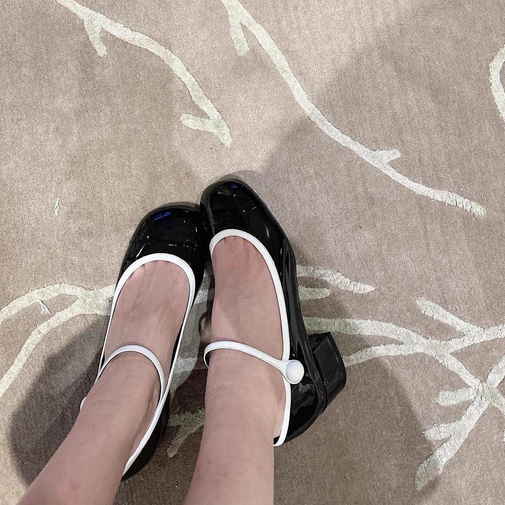 Fashion Japanned Leather Mary Janes Woman Color Block High Heels Shoes Ladies Belt Buckle Tacones Wedges Chunky Heeled Escarpins Mujer