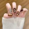 Retro Leopard Print Cat Eye Short Nails with Amber and Flashing Diamonds - Perfect for Autumn and Winter Wear