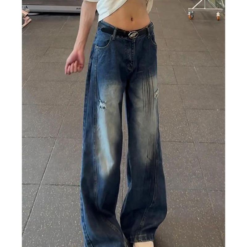 Women's Light Blue Low Waist Distressed Wide Leg Jeans Y2K Trendy Baggy Denim Pants