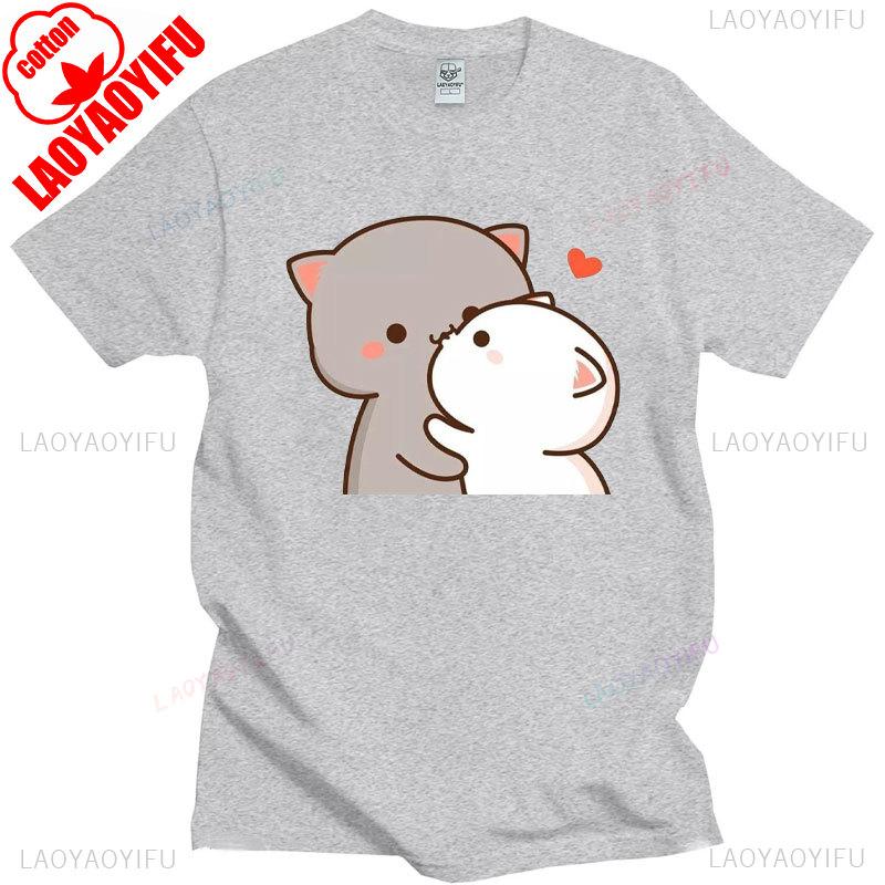 Pfirsich Katze Goma und Mochi Selfie T-Shirt Sommer Baumwolle Kurzarm T-Shirts Niedlicher Druck T-Shirt Mode Harajuku Lustige Partner Tops