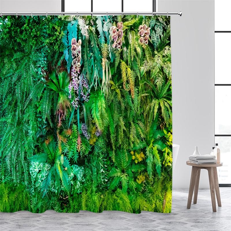 Green Leaves Shower Curtains Tropical Leaf Garden Vine Plant Wall Hanging Fabric Home Bathroom Decor Bath Curtain Set with Hooks