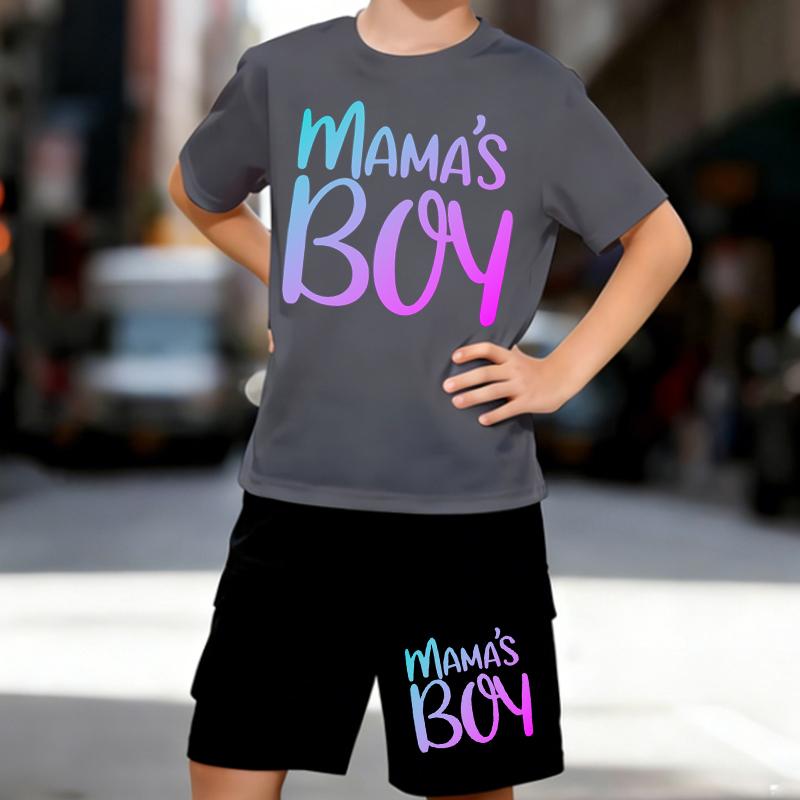 Boys 2 Piece Mama's Boy Print Outfit, Short Sleeve T-Shirt and Shorts Set for Kids Age 5-14, White Sporty Casual Summer Clothes