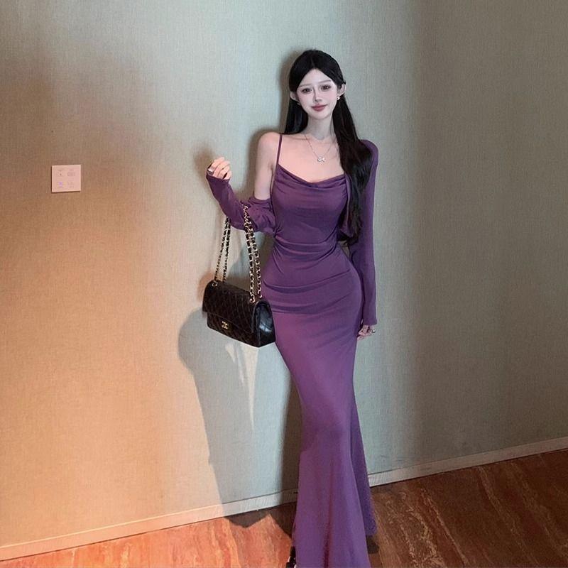 Autumn new pure desire lazy style thin hip-wrapped slim-fit suspender dress long-sleeved small cardigan two-piece set