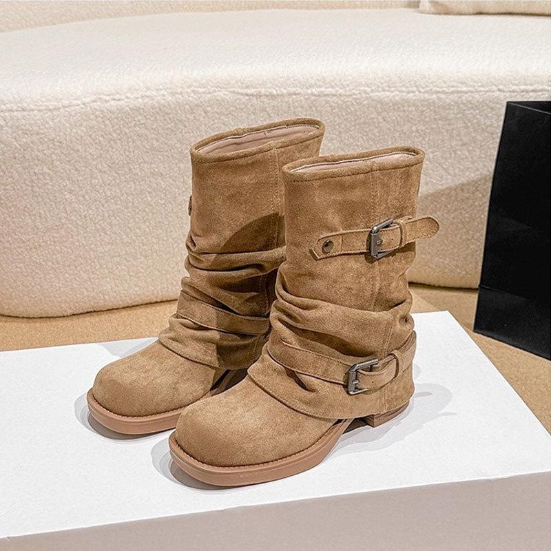Top layer cowhide~ thick heel pleated pile short boots women's autumn and winter Maillard vintage western trousers Martin boots