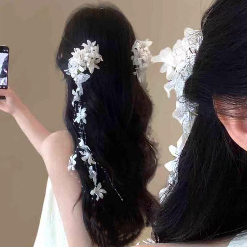 1Pc New Chinese Super Fairy Atmosphere Feeling Flower Tassel Hair Clip Female Light Luxury Premium Feeling Niche Side Clip