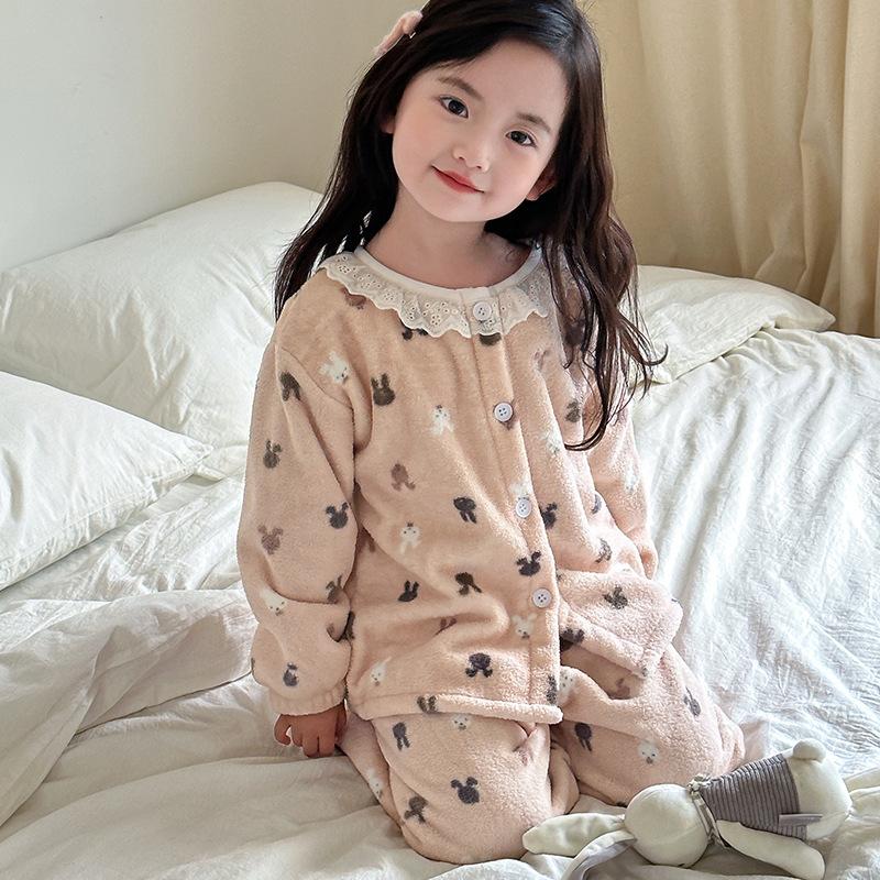 

Детская пижама осень-зима плюс бархат утолщение для девочек детский домашний костюм корейское кружево 160