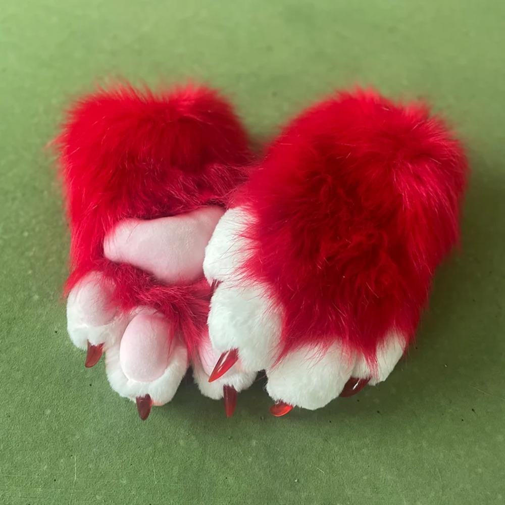 Faux Fur Plush Furry Cat Claw Gloves Fursuit Animal Fox Paws Mittens Halloween Cosplay Costume Accessories for Adult