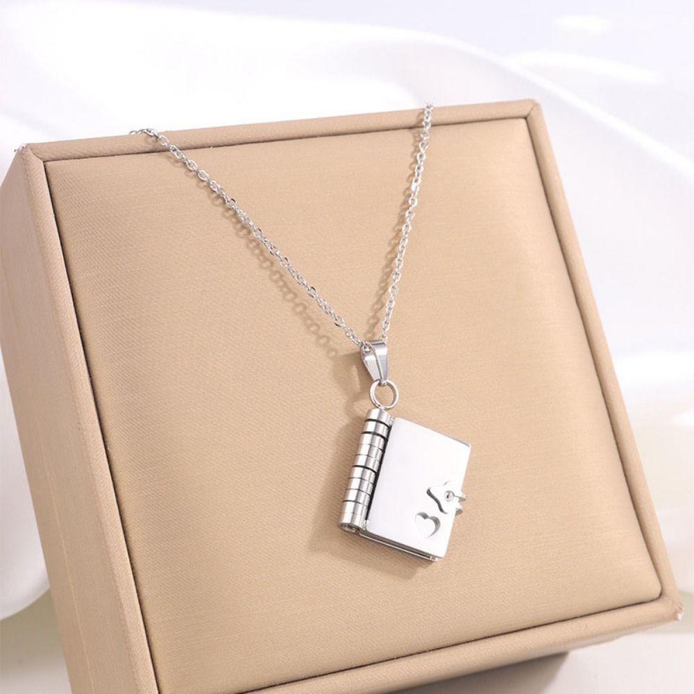 Metal Book Pendant Necklace Openable Lovers Choker Necklace Fashion Women's Sweater Chain  Girls
