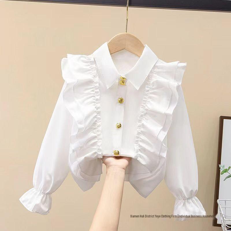 Autumn White Girls' Peter Pan Collar Long Sleeve Shirt - Fashionable Top for Big Kids and Students