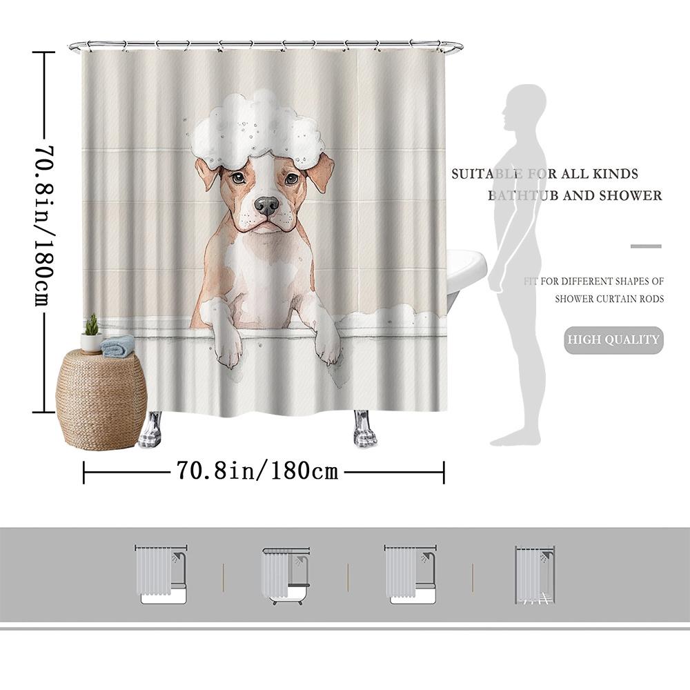 Cute Puppy Shower Curtain – Adorable Pitbull In Soap Bubbles, Cartoon Illustration On Waterproof Polyester, 12 Hooks Included