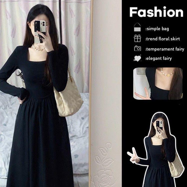 

French long-sleeved square-neck dress for women s early autumn new high-end sense, slim and thin temperament, long skirt tide S чёрный