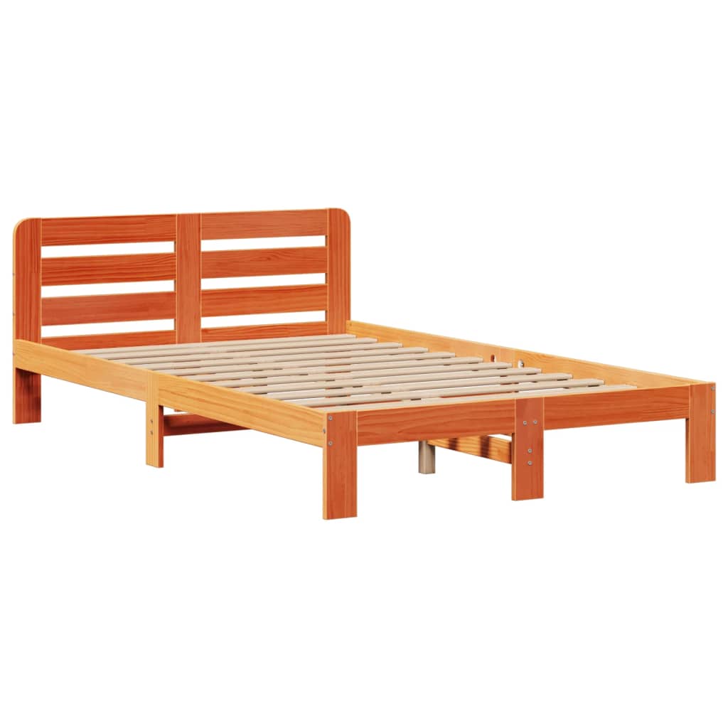 Solid Wood Bed with Shelf without Mattress Wax Brown 135 x 190 cm