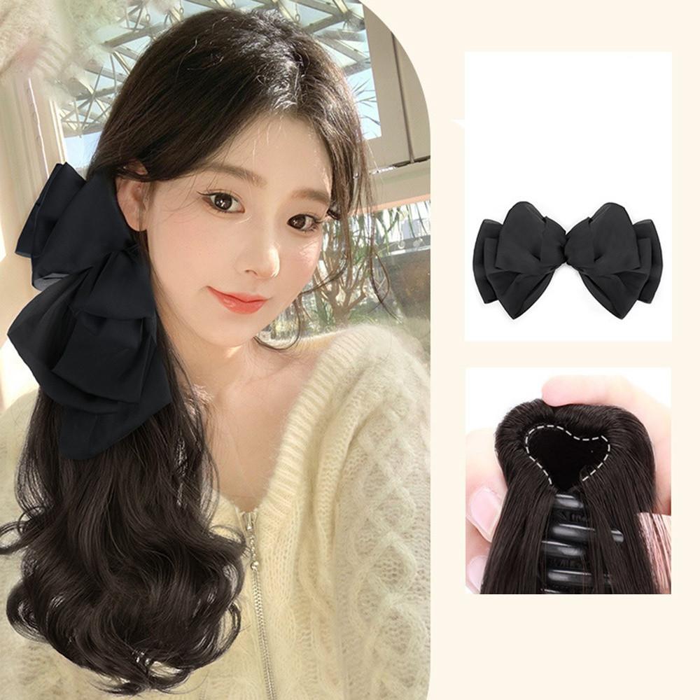 Pferdeschwanz Synthetische Perücke Lang Lockig Haarspange Simuliertes Echthaar Süße Schleife Tiefer Zopf