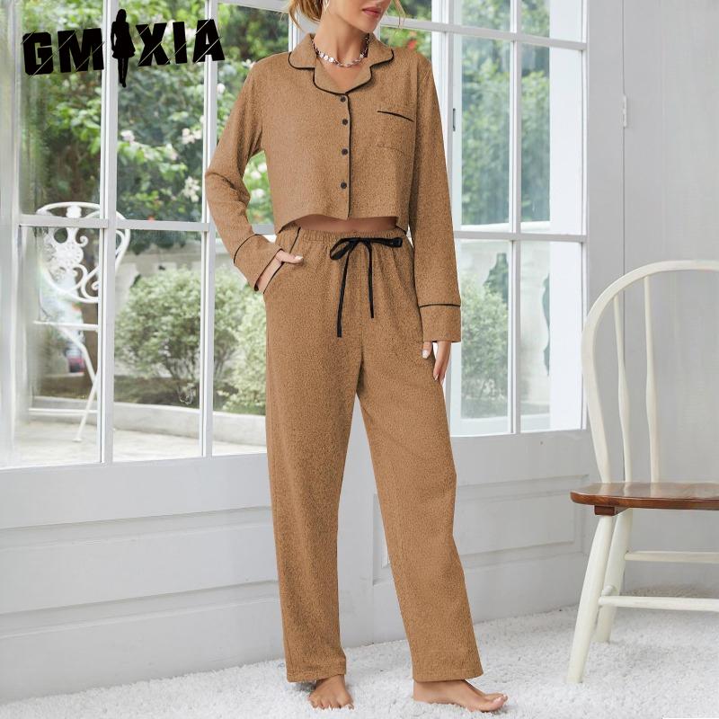 

GMXIA Женская пижама Осень и Зима Утолщенная С длинным рукавом Кардиган Брюки Двойка Домашняя одежда XL светло-коричневого