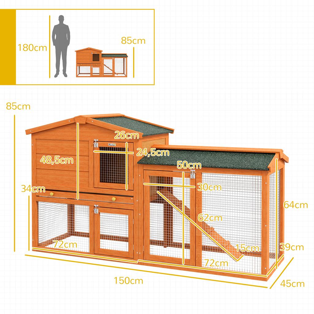 Two-Tier Rabbit Hutch with Run, Ramp, Slide-Out Tray, for Garden - Orange