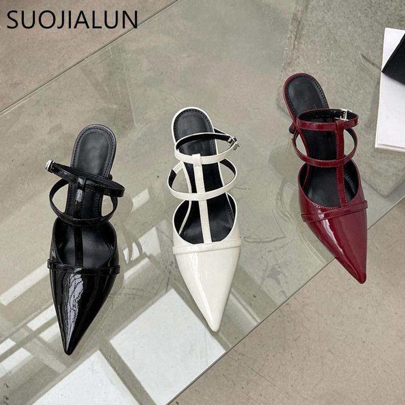Mode SUOJIALUN 2025 Frühling Neue Spitzschuh Damen Sandale Mode Knöchelriemen Dünner Hoher Absatz Damen Elegante Pumps Kleid Slingback Schuhe