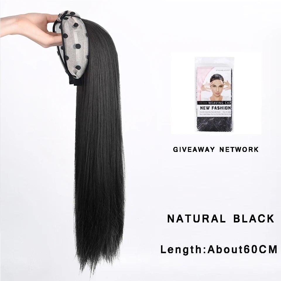 Synthetic Long Wavy Headband Wig Black Brown Women's With Twist Braid Hairband Accessories Natural Half Wig