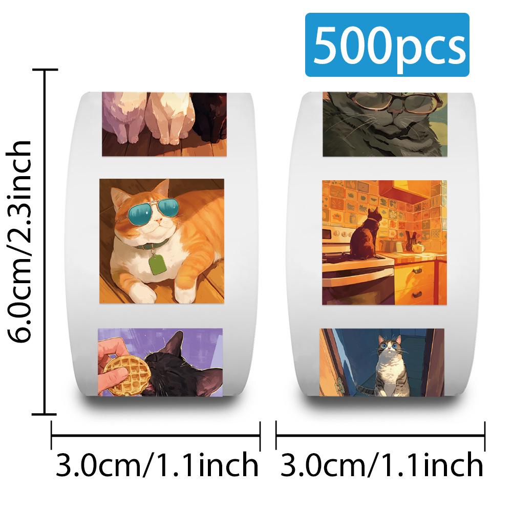 Cartoon Cat Stickers: 500 Sheets/Roll for DIY Journals, Decoration, Envelope Sealing.