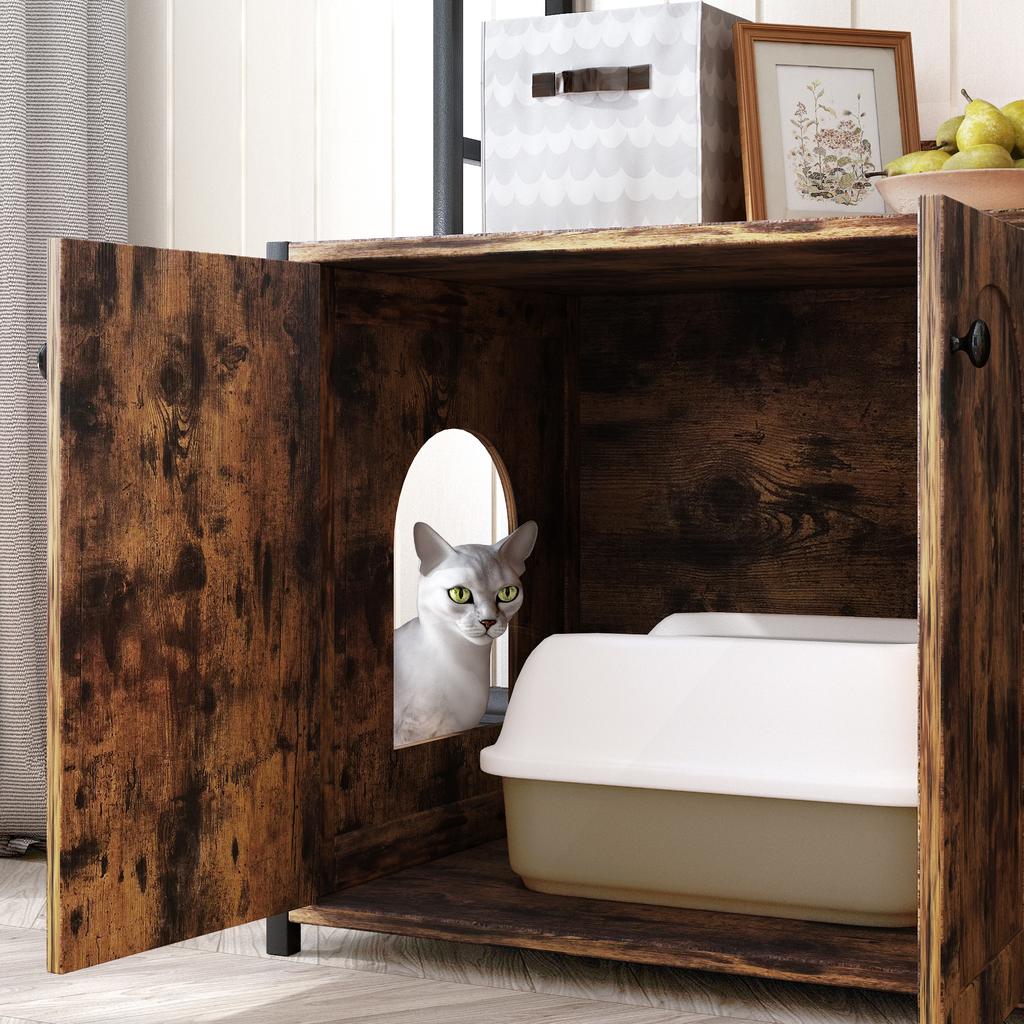 Large Cat Litter Box Enclosure with Storage Shelf, Wooden Cat House with Scratch Pad, Sturdy Indoor Pet Cabinet with 2 Doors for Odor Control, Brown