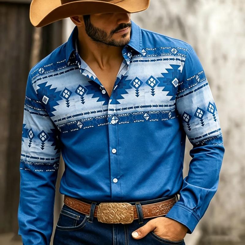 Retro Western Style Men's Long Sleeve Navajo Diamond-Shaped Tribal Print Outdoor Travel Loose Top