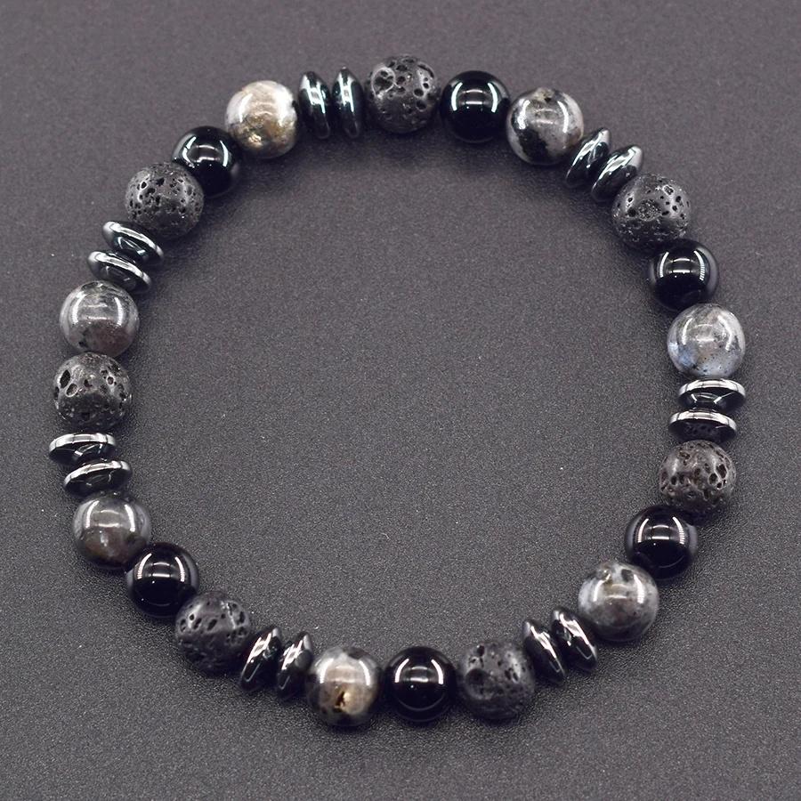 Klassisches Schwarzes Natürliches Labradorit Vulkangestein Perlen Armband Damen Herren Spiritueller Schutz und Energetische Balance Schmuck