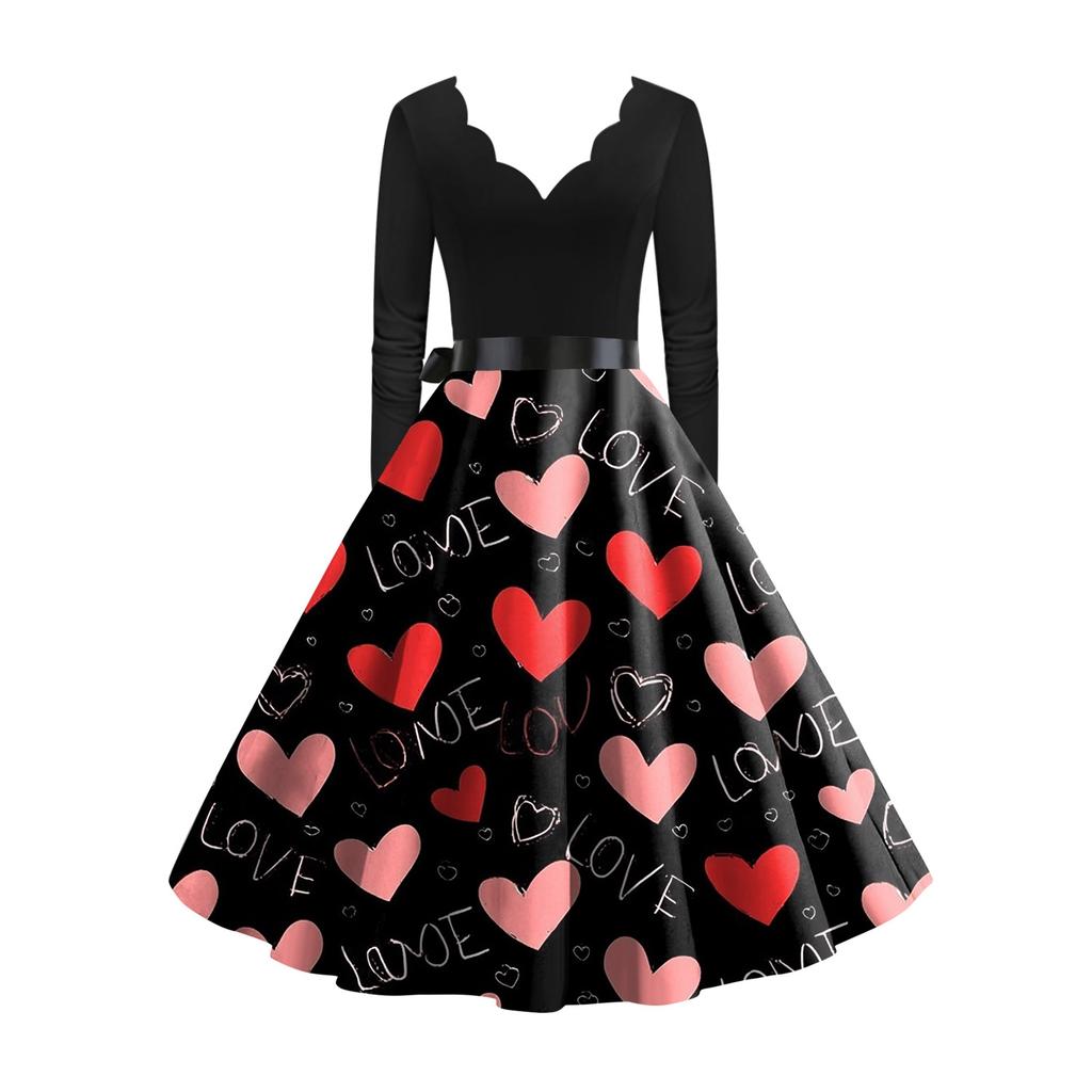 Women's stylish and elegant long,sleeved V,neck heart,shaped dress for Valentine's Day
