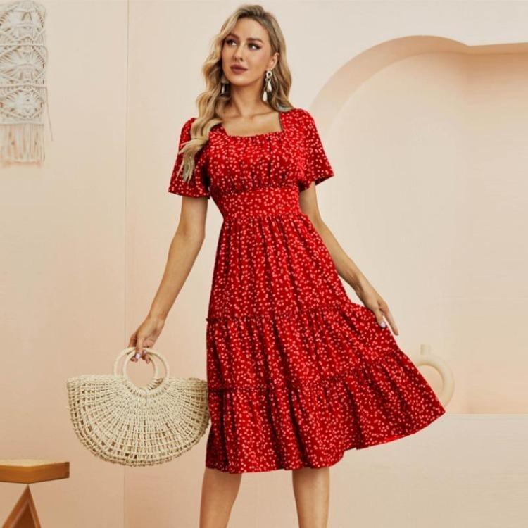 Summer Women Casual Dress Chiffon Medium Long A-Line Short Sleeve Square Collar Ruffles Dot Print Pattern Red Black Blue Green