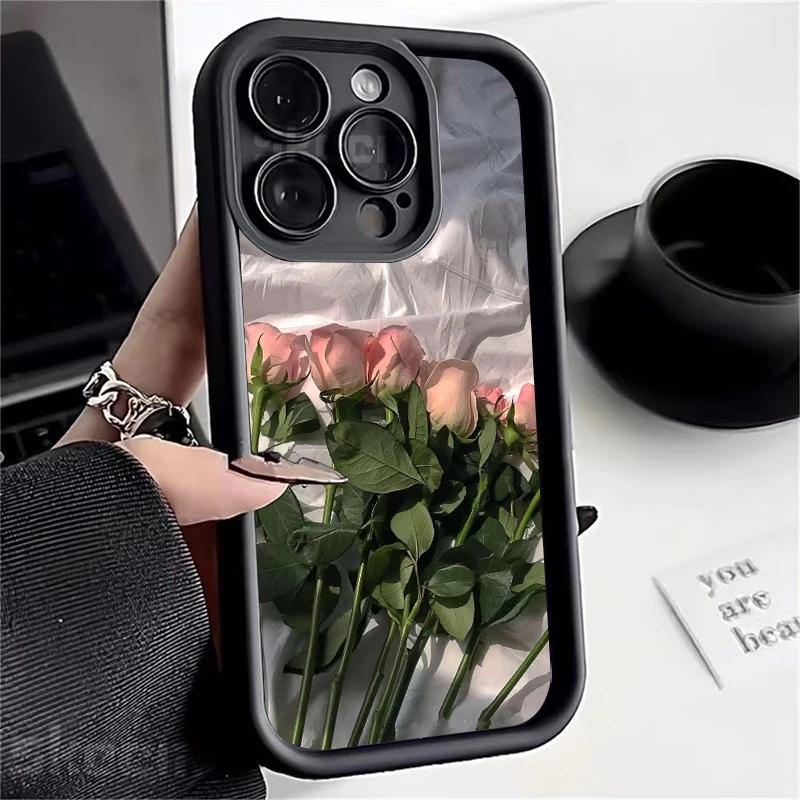 Oil Painting White Rose Flower Silicone Phone Case For iPhone 15 14 13 12 11 Pro Max XS X XR 7 8 Plus Shockproof Soft Cover
