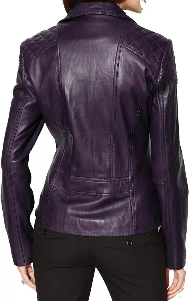 Jaqueta Feminina de Couro Legítimo de Cordeiro Roxo Motociclista Slim Fit Estilosa