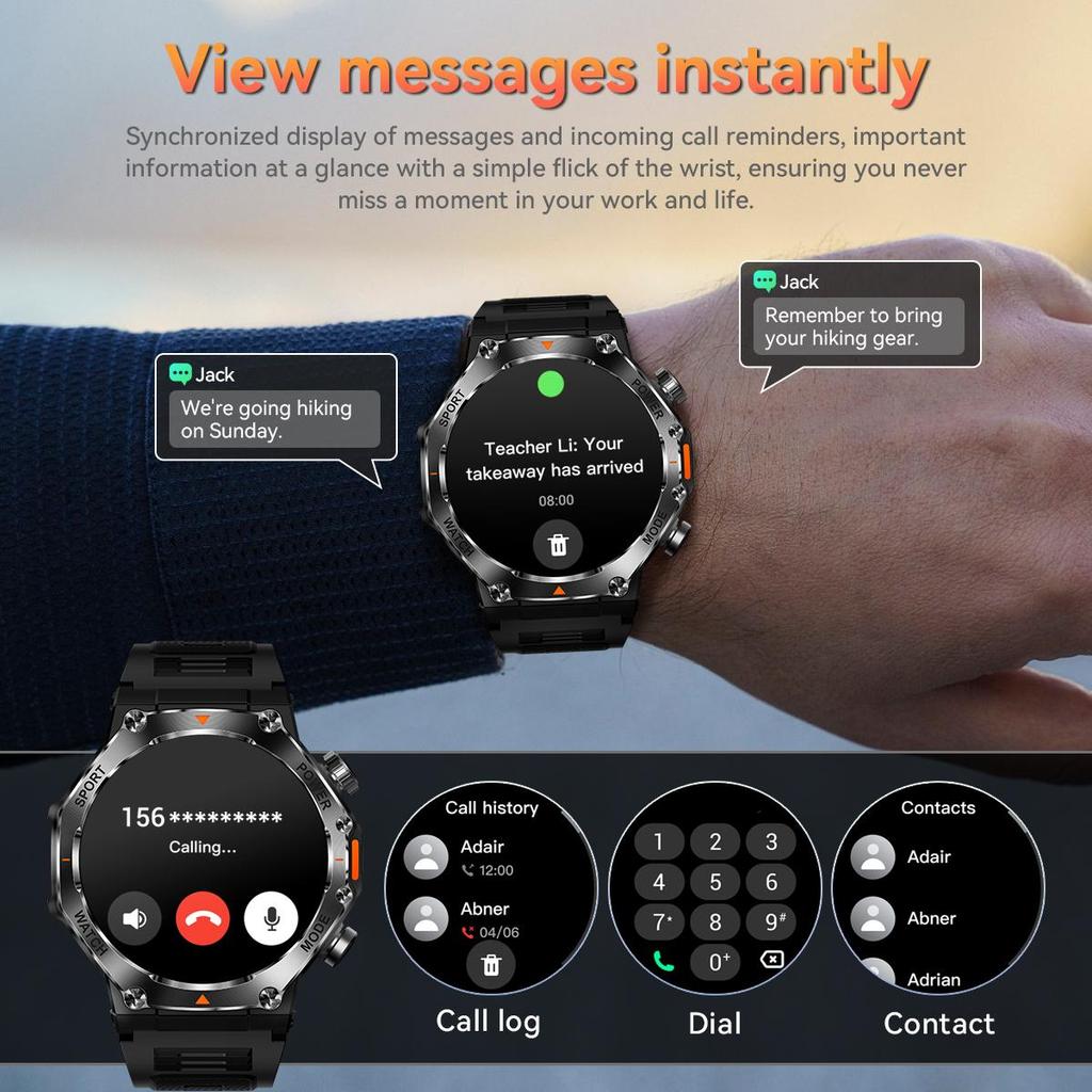 Militärische QTLLBT SmartWatch 1,46 Zoll HD LED Taschenlampe Kompass Fitness Tracker mit Funktion Sportuhr, Herzfrequenz SPO2 Kompatibel mit