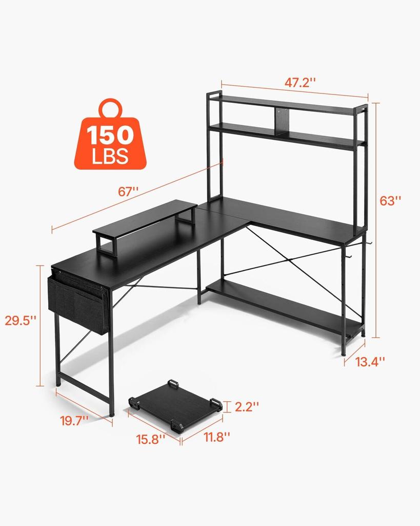 L-Shaped Computer Desk, 1.7m Reversible Corner Gaming Desk with Monitor Stand & Movable CPU Stand, Modern Stylish PC Table Sturdy Work Workstation for