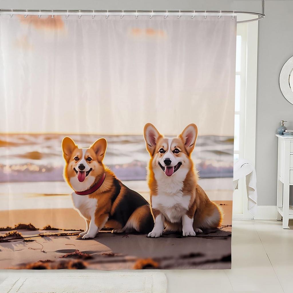 Lovely Dog Shower Curtains,Cute Puppies Cartoon Animal Bath Curtain,Paw Print Blue Cloth Fabric Bathroom Decor Set with Hooks