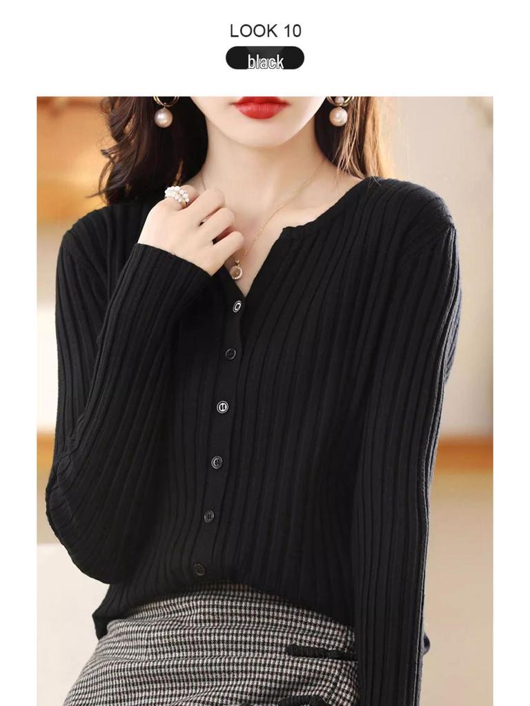 Damski kardigan swetrowy z dekoltem w serek, wyszczuplający, z długim rękawem, na jesień/zimę 2024