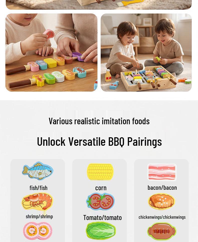 Children's Interactive Wooden BBQ Grill Role-Playing Toy with Building Blocks for Hand-Eye Coordination