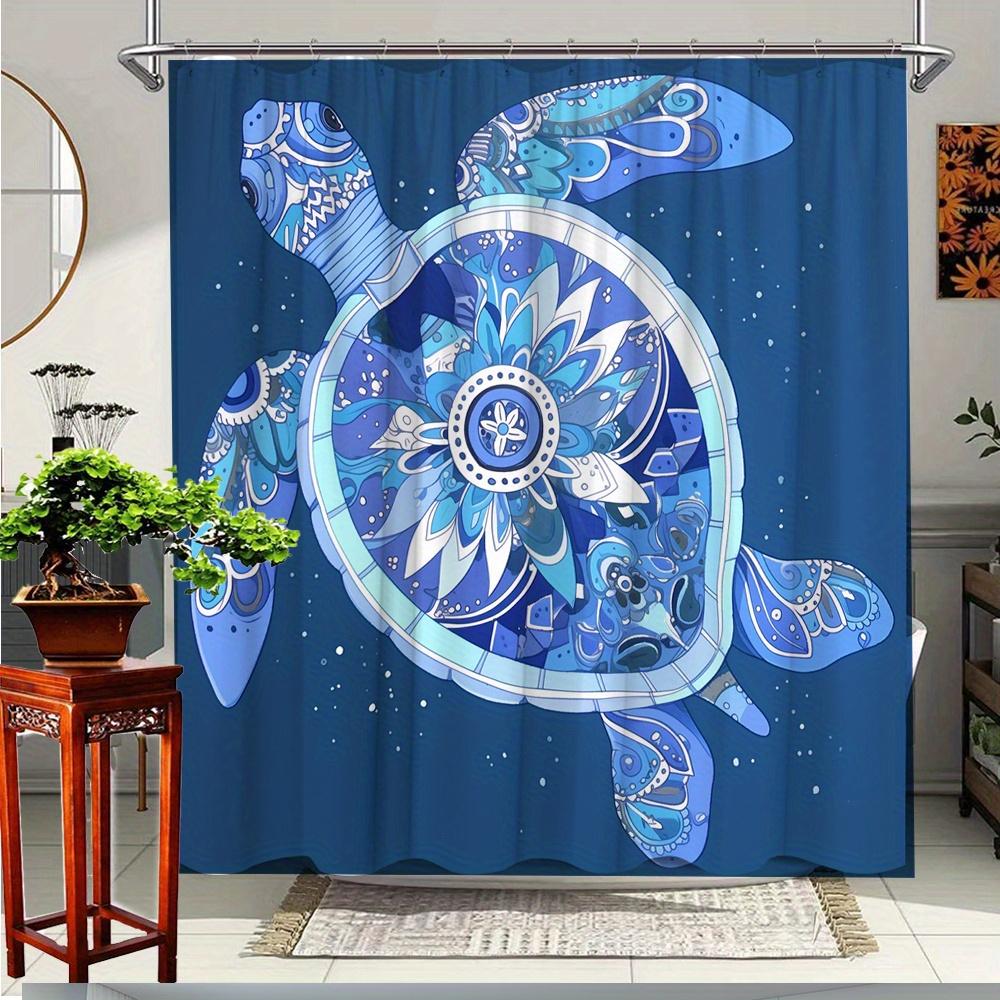 

1Pc Turtle Shower Curtain - Vibrant Ocean Design With Blue & White Turtle & Floral Patterns, Durable Polyester Fabric, W60H190(CM)-1 Pcs