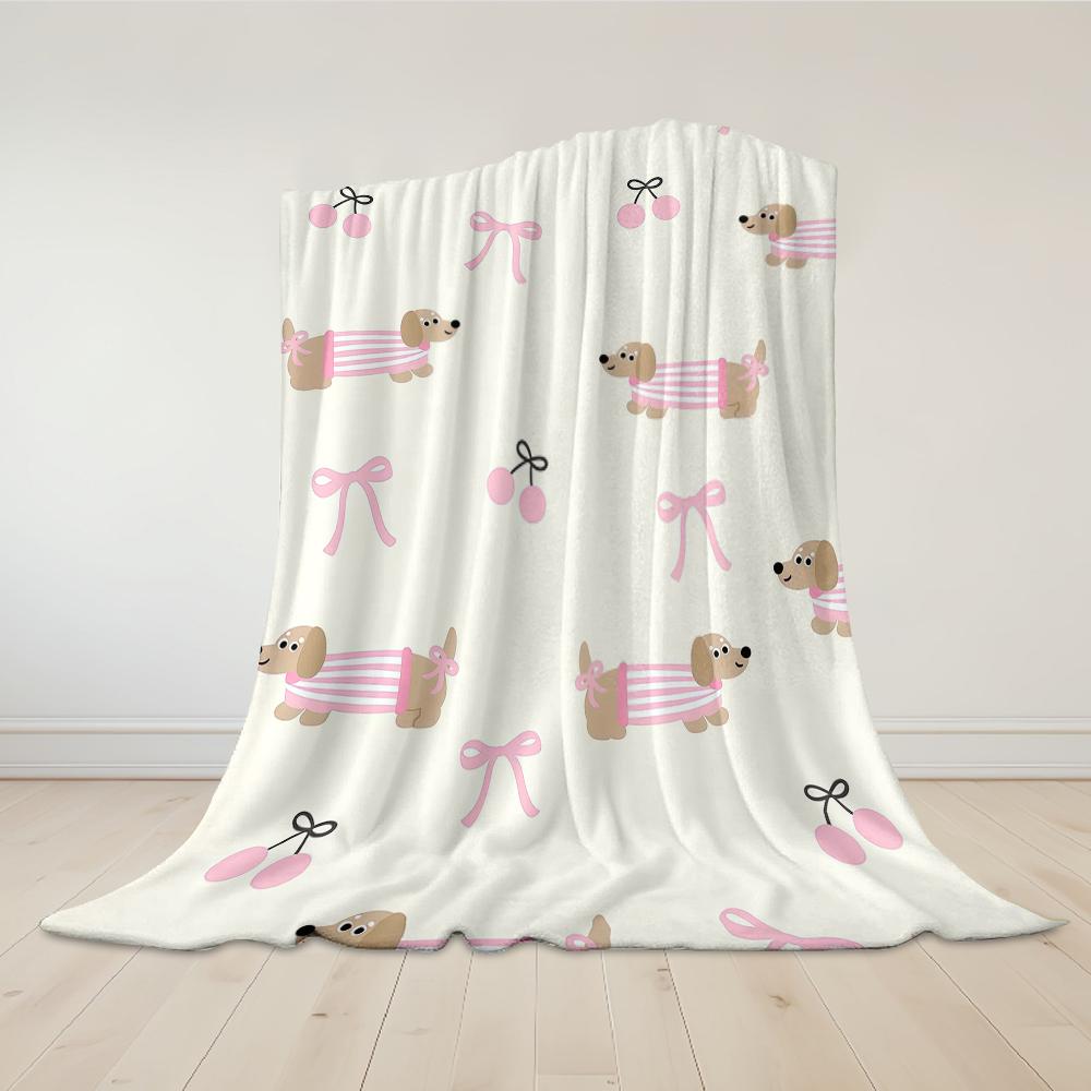 Dachshund Cherry Bow Print Flannel Blanket Warm Soft Halloween Christmas Couch Warm Cozy Decorative Decor Gift for All Season