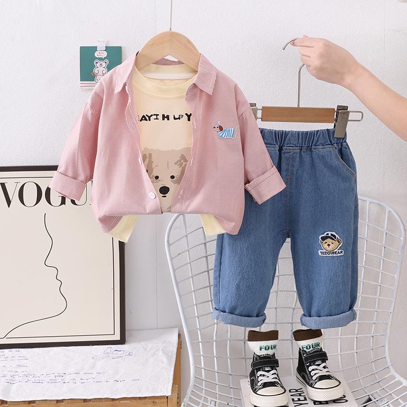 Children's Set Boys' Long Sleeved Striped Shirt Cartoon Dog Top Casual Denim Pants Boys' Fashionable Three Piece Set