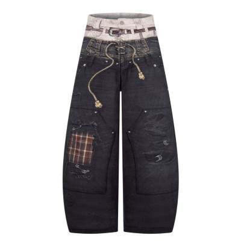 Womens American Streetwear Distressed Cut Jeans Loose Straight Wide Leg Hip Hop Pants