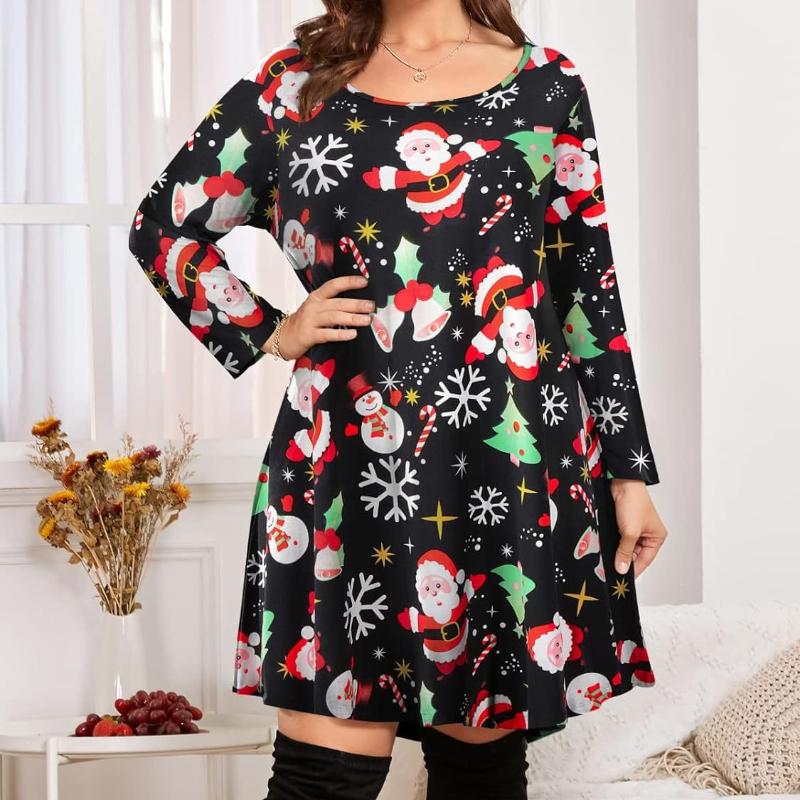 Women's Fashion Christmas Print Midi Sleeve Plus Size Dresses