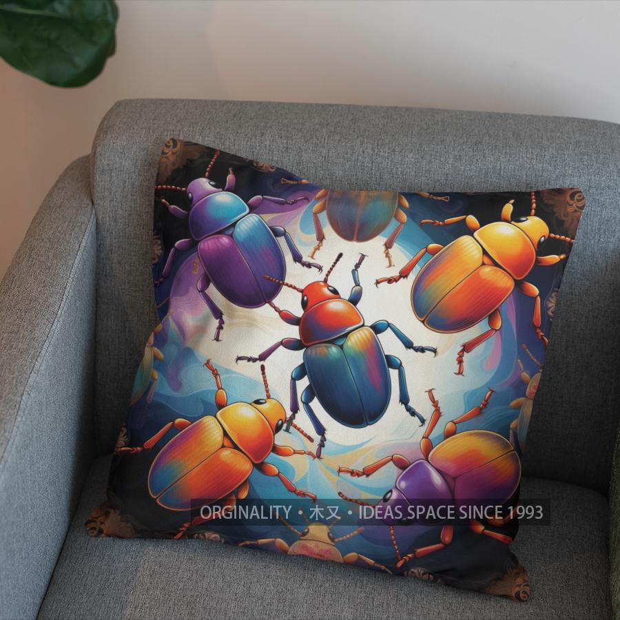 2D Colorful Beetle In Ornate Frame Throw Pillow Pattern Cushion Cover Suitable For Sofa Bedroom Car Pillow Cover