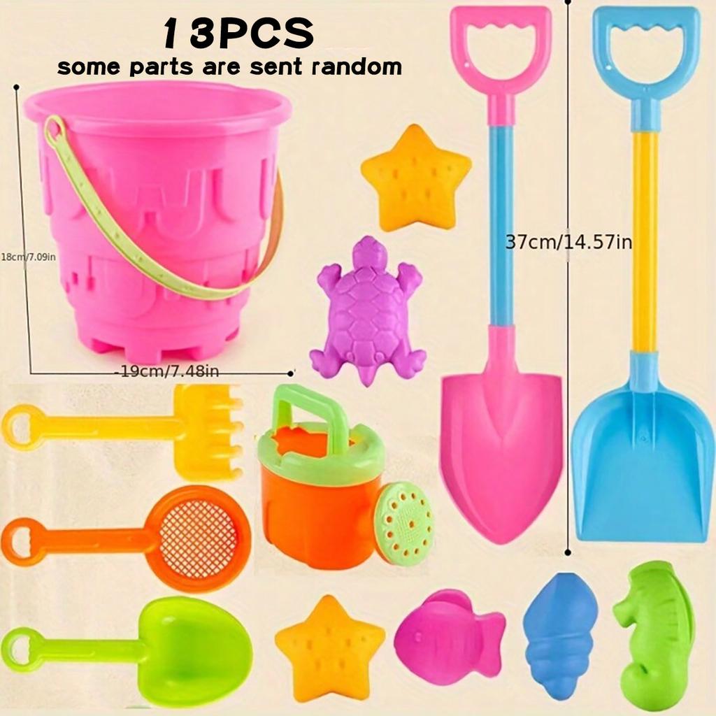 Children's beach and sandbox toy set, including a large round sandcastle bucket, sandcastle mold, and a large shovel. The colors