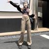 Khaki High-Waisted Slim Cargo Pants - Women's Spring/Summer Retro Straight-Leg Jeans