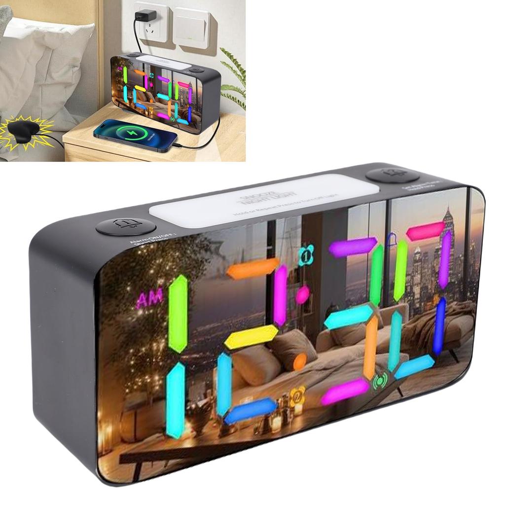 7 Inch Mirror Alarm Clock with Bed Shaker RGB Night Light 5 Levels Volume Vibrating Alarm Clock for Heavy Sleepers Seniors